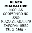 PLAZA GUADALUPE NICOLAS COOPERNICO NO. 3280 PLAZA GUADALUPE ZAPOPAN 45530 TEL 31256014